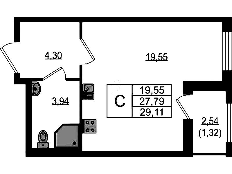 Квартира студия 29.11 м², 13/18 эт., ЖК «Южная Нева»